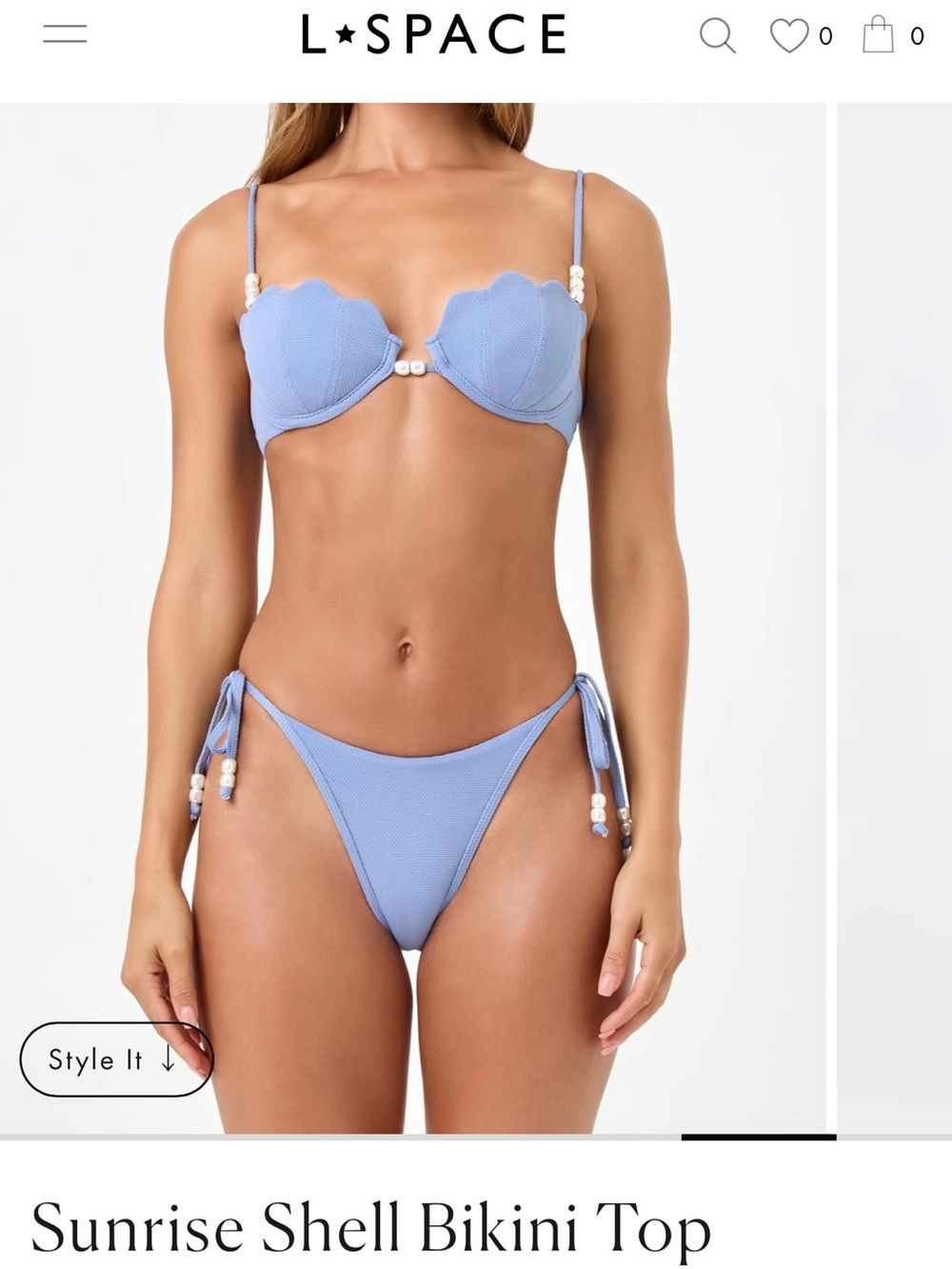 l*space Pale Blue Sunrise Shell Bikini Top with Pearl Accents